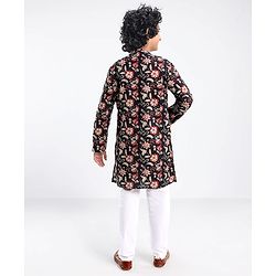 Pine Kids 100% Cotton Woven Full Sleeves Floral Printed Kurta - Black