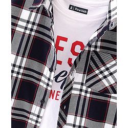 Pine Kids Woven Cotton Knit Half Sleeve Checks Shirt With T Shirt - Black & White