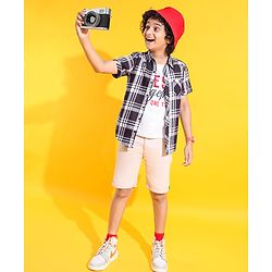 Pine Kids Woven Cotton Knit Half Sleeve Checks Shirt With T Shirt - Black & White