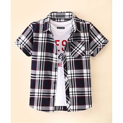 Pine Kids Woven Cotton Knit Half Sleeve Checks Shirt With T Shirt - Black & White