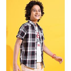 Pine Kids Woven Cotton Knit Half Sleeve Checks Shirt With T Shirt - Black & White