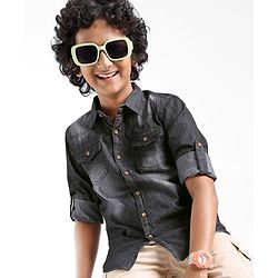 Pine Kids Cotton Woven Full Sleeves Washed Denim Shirt - Black