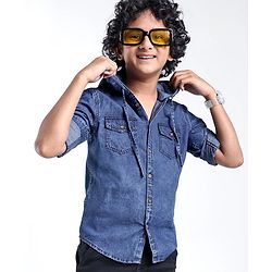 Pine Kids Cotton Woven Full Sleeve Denim Hooded Shirt With Pocket Solid Color- Blue