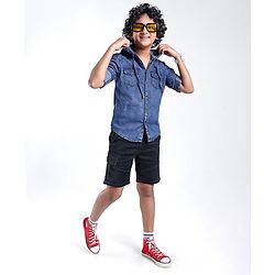 Pine Kids Cotton Woven Full Sleeve Denim Hooded Shirt With Pocket Solid Color- Blue