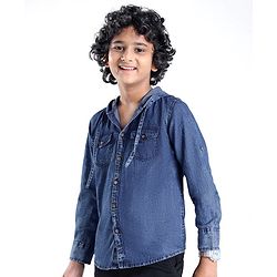 Pine Kids Cotton Woven Full Sleeve Denim Hooded Shirt With Pocket Solid Color- Blue