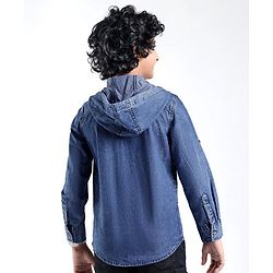 Pine Kids Cotton Woven Full Sleeve Denim Hooded Shirt With Pocket Solid Color- Blue