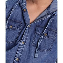 Pine Kids Cotton Woven Full Sleeve Denim Hooded Shirt With Pocket Solid Color- Blue
