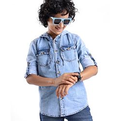 Pine Kids Cotton Woven Full Sleeve Denim Hooded Shirt With Pocket Solid Color- Blue