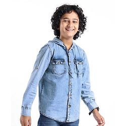 Pine Kids Cotton Woven Full Sleeve Denim Hooded Shirt With Pocket Solid Color- Blue
