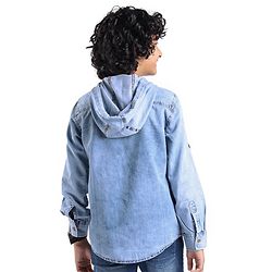 Pine Kids Cotton Woven Full Sleeve Denim Hooded Shirt With Pocket Solid Color- Blue