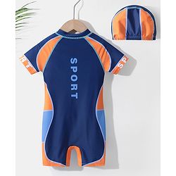 Pine Kids Half Sleeves Legged Swimsuit with  Cap Text Print - Navy Blue
