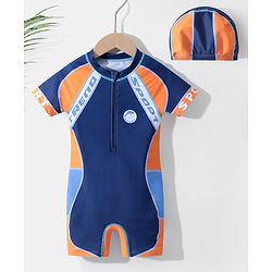 Pine Kids Half Sleeves Legged Swimsuit with  Cap Text Print - Navy Blue