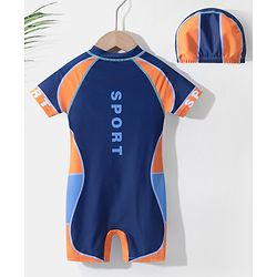 Pine Kids Half Sleeves Legged Swimsuit with  Cap Text Print - Navy Blue