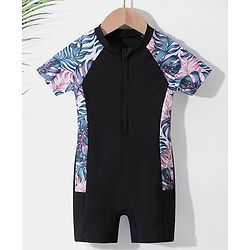 Pine Kids Raglan Half Sleeves Legged Swimsuit Leafy Print - Black
