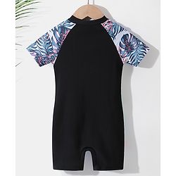 Pine Kids Raglan Half Sleeves Legged Swimsuit Leafy Print - Black