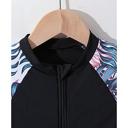 Pine Kids Raglan Half Sleeves Legged Swimsuit Leafy Print - Black