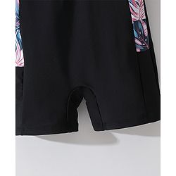 Pine Kids Raglan Half Sleeves Legged Swimsuit Leafy Print - Black