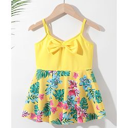 Pine Kids Sleeveless Floral Printed Frock Style Swimsuit with Bow Applique-Yellow