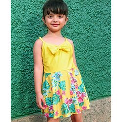 Pine Kids Sleeveless Floral Printed Frock Style Swimsuit with Bow Applique-Yellow