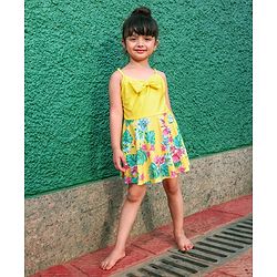 Pine Kids Sleeveless Floral Printed Frock Style Swimsuit with Bow Applique-Yellow