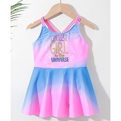Pine Kids Sleeveless Text Printed Frock Style Swimsuit -Pink