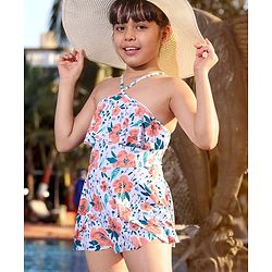Pine Kids Sleeveless   Frock Style Swimsuit Floral Print - White