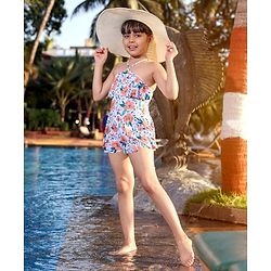 Pine Kids Sleeveless   Frock Style Swimsuit Floral Print - White