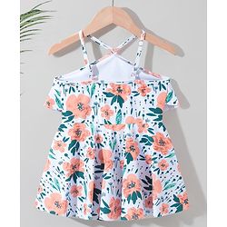 Pine Kids Sleeveless   Frock Style Swimsuit Floral Print - White