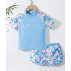 Pine Active Half Sleeves Two Piece Swimsuit Splash Print- Blue