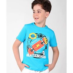 Pine Kids Cotton Half Sleeves T-Shirt Skateboard Print - Blue Atoll