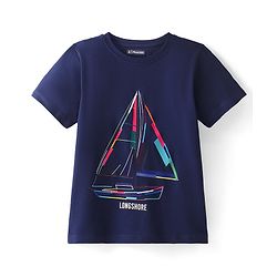 Pine Kids Cotton Knit Half Sleeves T-Shirt Boat Print - Blue Depths