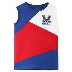 Pine Kids Cotton Knit Sleeveless T-Shirt with Text Print & Color Block - Red White & Navy Blue