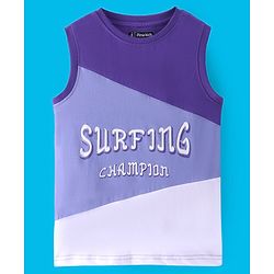 Pine Kids Cotton Knit Sleeveless T-Shirt With Color Block & Text Print - Snow White