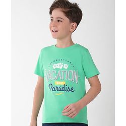 Pine Kids Cotton Knit Half Sleeves Text & Floral Printed T-Shirt - Green