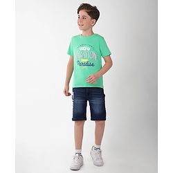 Pine Kids Cotton Knit Half Sleeves Text & Floral Printed T-Shirt - Green