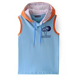 Pine Kids Cotton Knit Sleeveless Hooded T-Shirt Trees Print - Blue