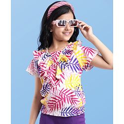 Pine Kids Cotton Knit Half Sleeves Leaves Printed Top - White