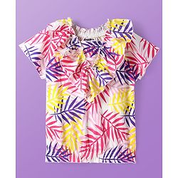 Pine Kids Cotton Knit Half Sleeves Leaves Printed Top - White