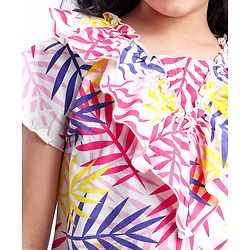 Pine Kids Cotton Knit Half Sleeves Leaves Printed Top - White