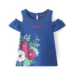 Pine Kids Cotton Knit Cold Shoulder Sleeves Floral Printed Top - Blue
