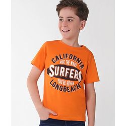 Pine Kids Cotton Knit Half Sleeves Text Print T-Shirt - Orange