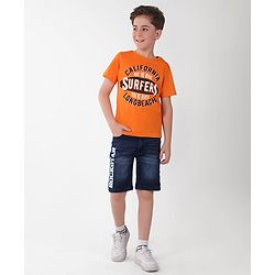 Pine Kids Cotton Knit Half Sleeves Text Print T-Shirt - Orange