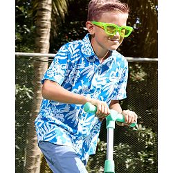 Pine Kids Cotton Half Sleeves Shirt Tropical Print - Blue