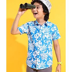 Pine Kids Cotton Half Sleeves Shirt Tropical Print - Blue
