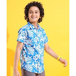 Pine Kids Cotton Half Sleeves Shirt Tropical Print - Blue