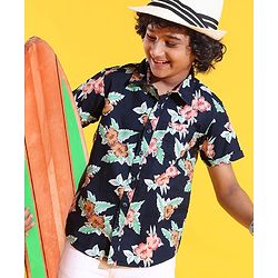 Pine Kids Cotton Woven Half Sleeves Shirt Floral Printed - Navy Blue