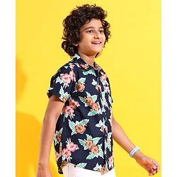 Pine Kids Cotton Woven Half Sleeves Shirt Floral Printed - Navy Blue
