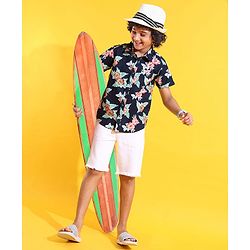 Pine Kids Cotton Woven Half Sleeves Shirt Floral Printed - Navy Blue