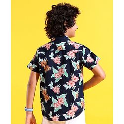 Pine Kids Cotton Woven Half Sleeves Shirt Floral Printed - Navy Blue