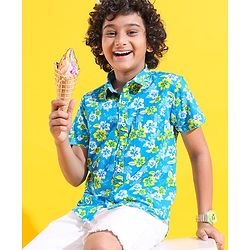 Pine Kids Cotton Woven Half Sleeves Shirt Floral Printed - Blue